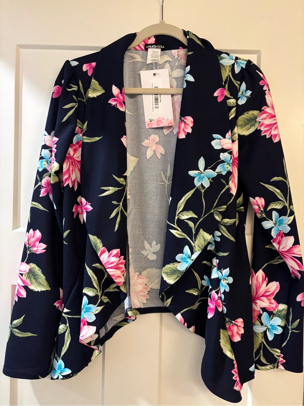 Heimish Lush Floral Open-Front Blazer Jacket - Navy with Pink & Blue Flowers